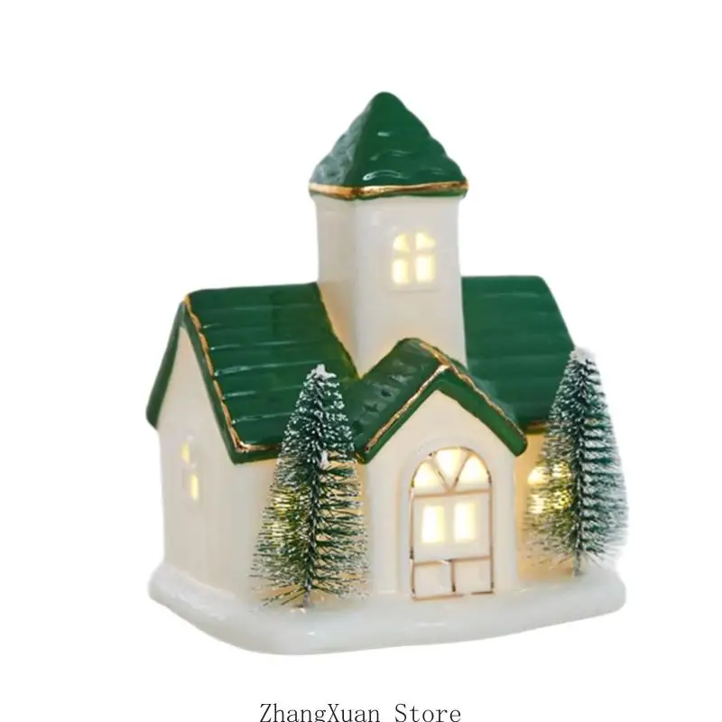 Eingangstisch-Weihnachtsschmuck, Keramik-Dorfhaus-Akzent mit warmer Innenbeleuchtung für die winterliche Regalpräsentation 3XUF – Detail 10