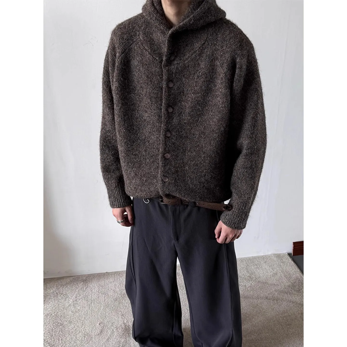 Man Knitting Hoodies 2025 Winter New Men's Heavyweight Knit Cardigan Solid Color Half Turtleneck Hooded Warm Thick Outerwear