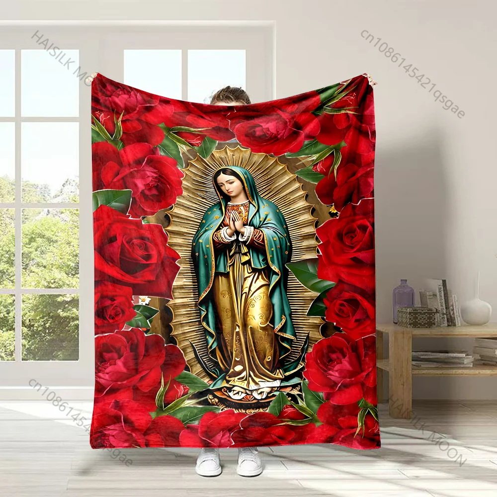 Roses surround Our Lady of Guadalupe Faith-printed Flannel Blanket Soft and Warm Suitable for Home Travel Picnics Camping RV