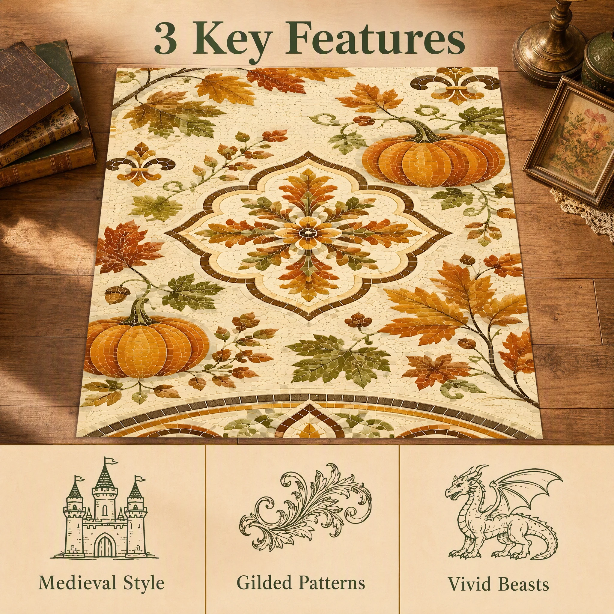 Beige Base Retro Medallion Pumpkin Autumn Leaf Velvet Area Rug, for Living Room Bedroom Entryway, Autumn Winter Harvest Home Decor