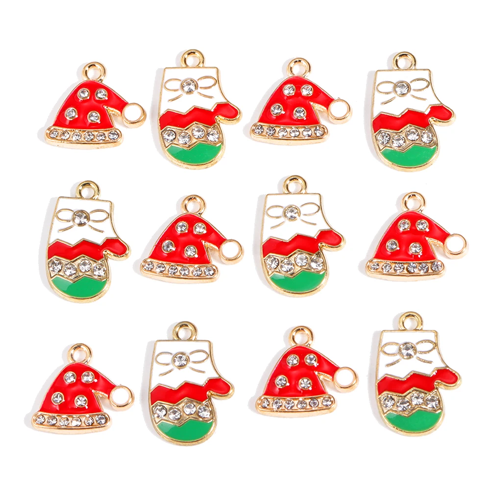 15Pcs Mixed Christmas Hat and Mitten Enamel Charms Gold Plated Metal Pendants with Sparkling Rhinestones for DIY Jewelry Craft