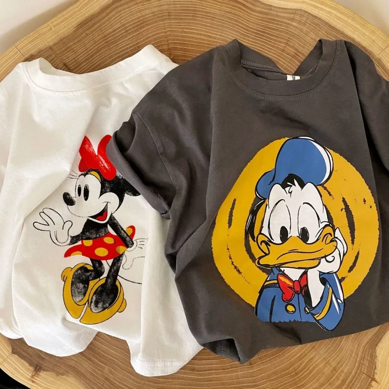 Disney Mickey Mouse Minnie bawełniana letnia dziecięca koszulka z krótkim rękawem dla mężczyzn i kobiet kaczor Donald Cartoon Casual modny Top