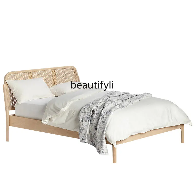 Customized Japanese Style Retro White Wax Solid Wood Black Rattan Bed Bedroom 1.8 M Double Bed B & B home decor