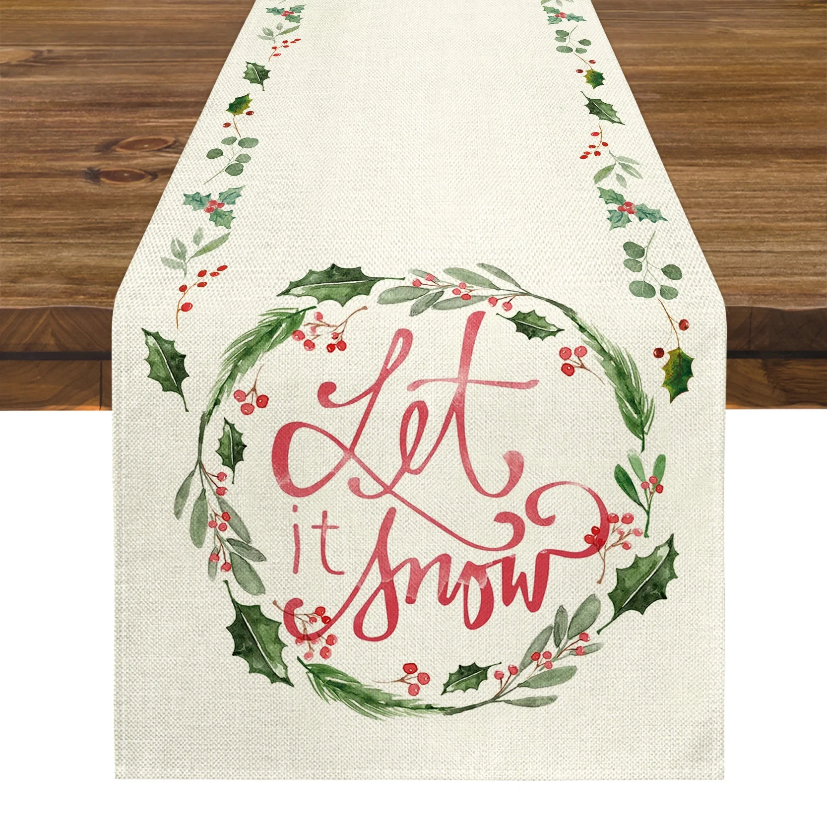 

Let It Snow" Christmas Table Runner - Snow & Wreath Prints for Cozy Winter Decor, Festive Snow Table Runner for Holiday Tables