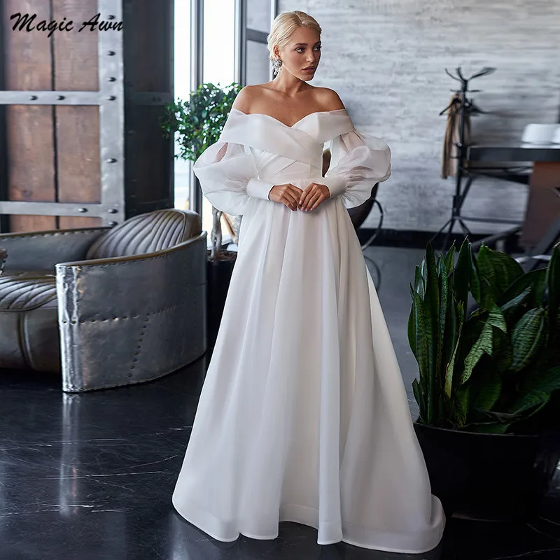 

Magic Awn Boho Wedding Dresses Off The Shoulder Detachable Puffy Sleeves Simple Organza Bridal Gowns Lace-Up Back Robe De Mariee