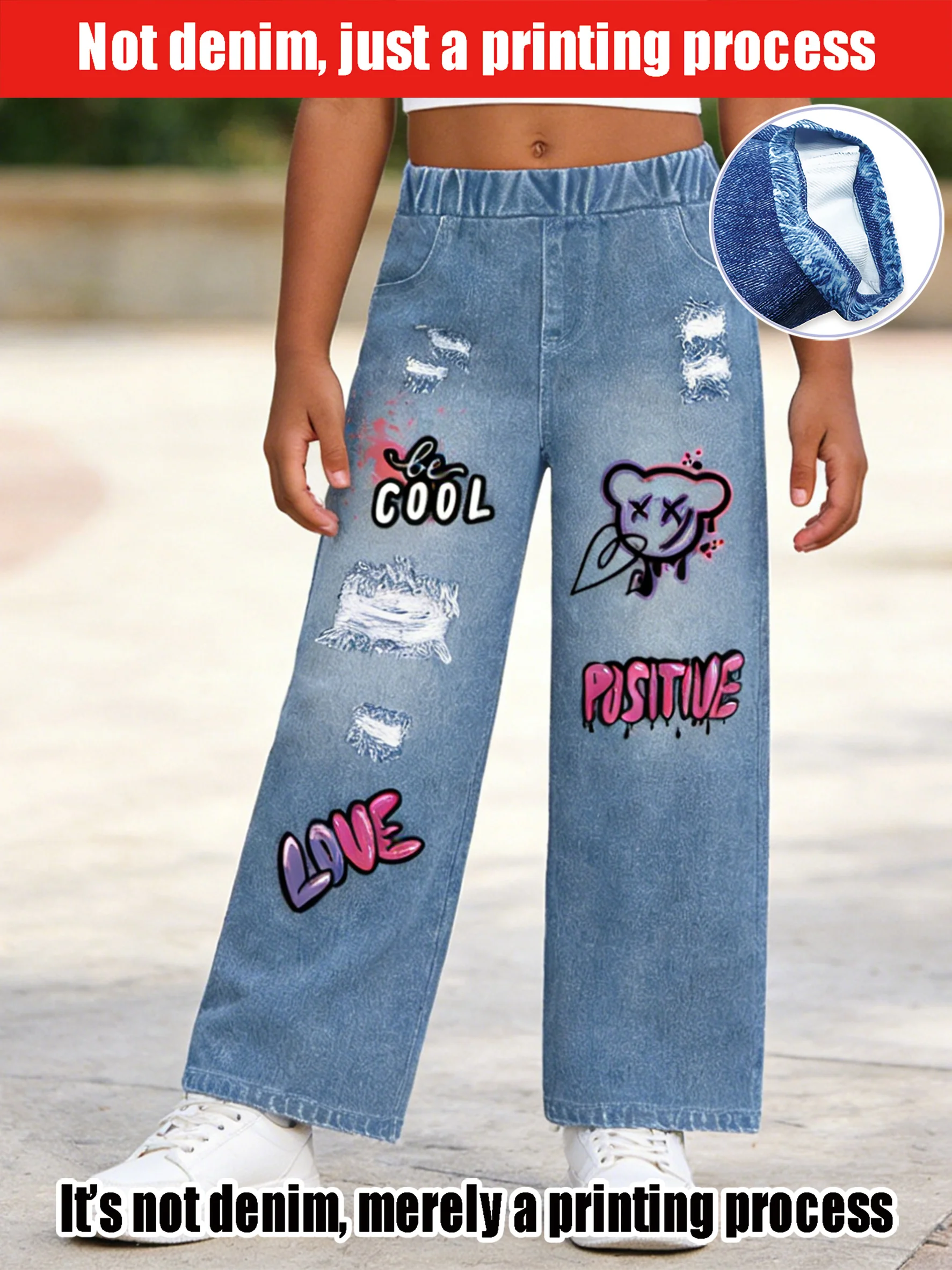 

Детские светло-голубые брюки-кюлоты из имитации денима, с эффектом потертостей, граффити и ветровыми узорами, коллекция 2026 года