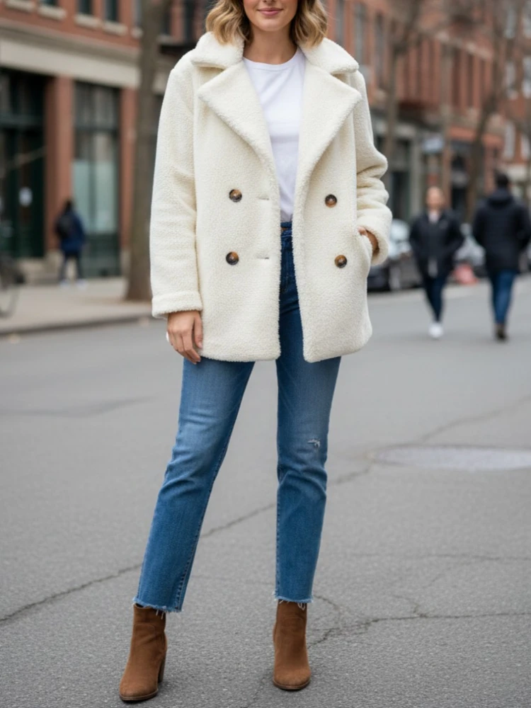 

Women’s Winter Faux Shearling Double-Breasted Coat Soft Fleece Lapel Jacket with Button Closure 2025 New in Top Outwear