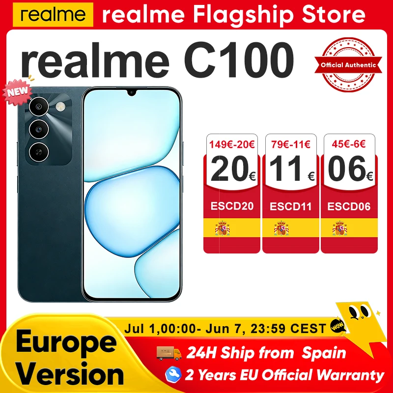 Móvil realme C100 5G Batería 6600mAh Pantalla 144Hz IP64 Doble SIM 4GB+128GB Android 16 Teléfono Móvil Resistente para Europa