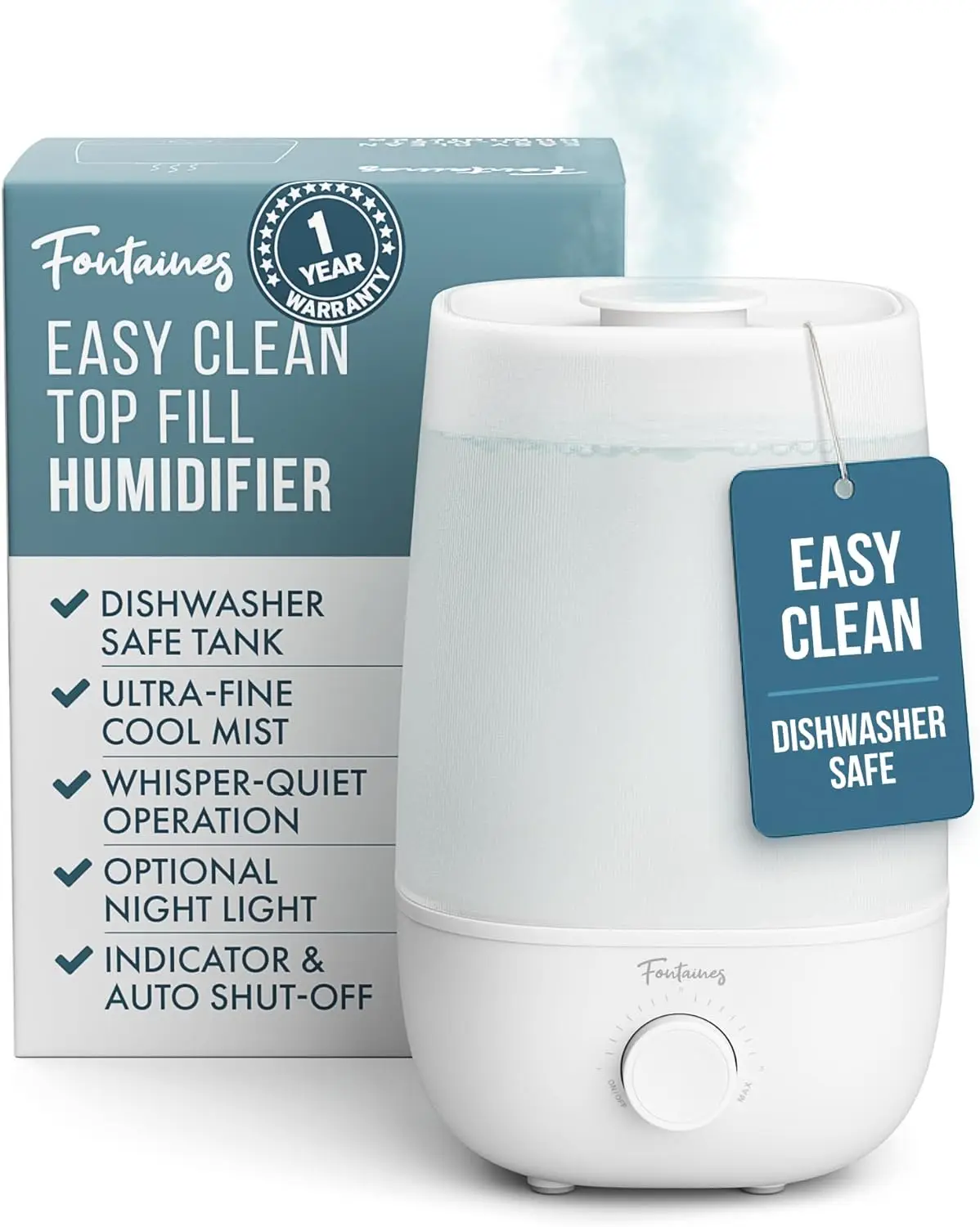 

Fontaines Luxury Top-Fill Cool Mist Humidifier - 360° Ultra-Fine Spray, Whisper-Quiet Operation, Dishwasher-Safe Tank