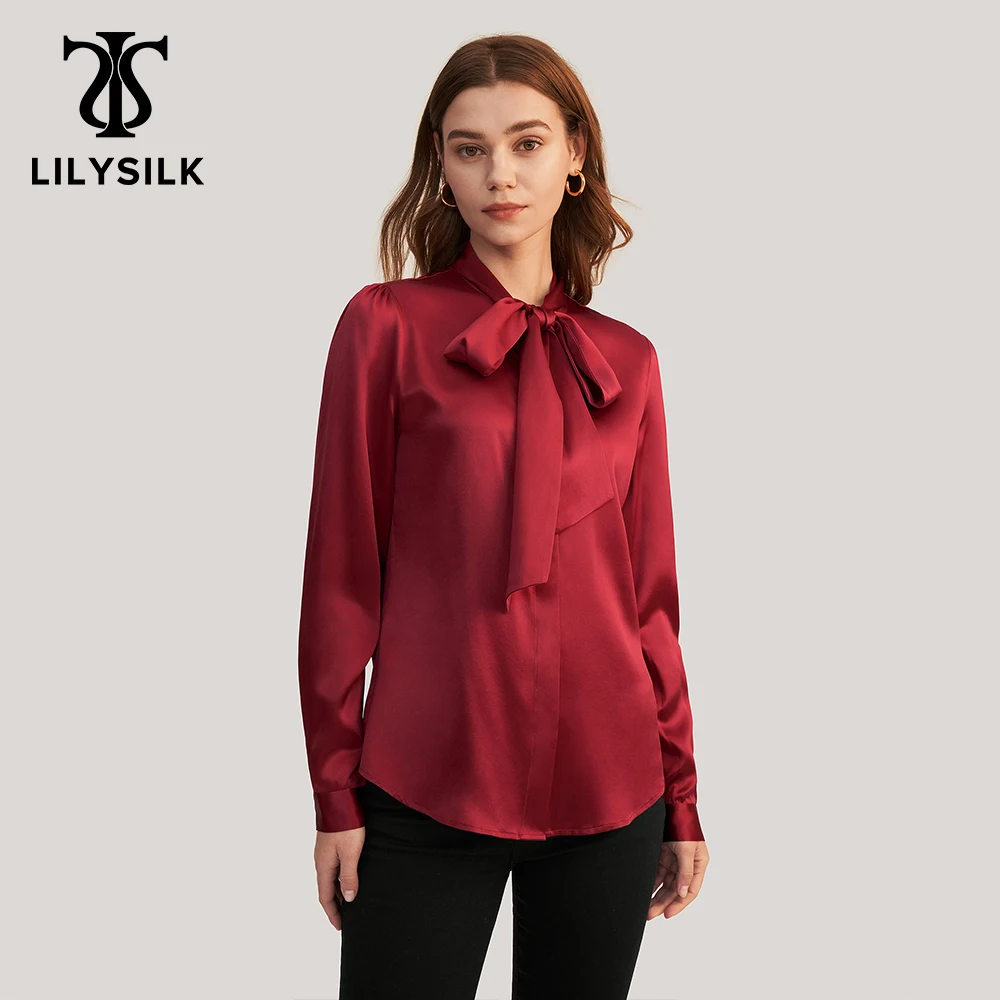 LILYSILK Spring Women Silk Bow Tied Blouse New Femme Long Sleeve Turn Down Collar Top Office Lady Essentials Free Shipping