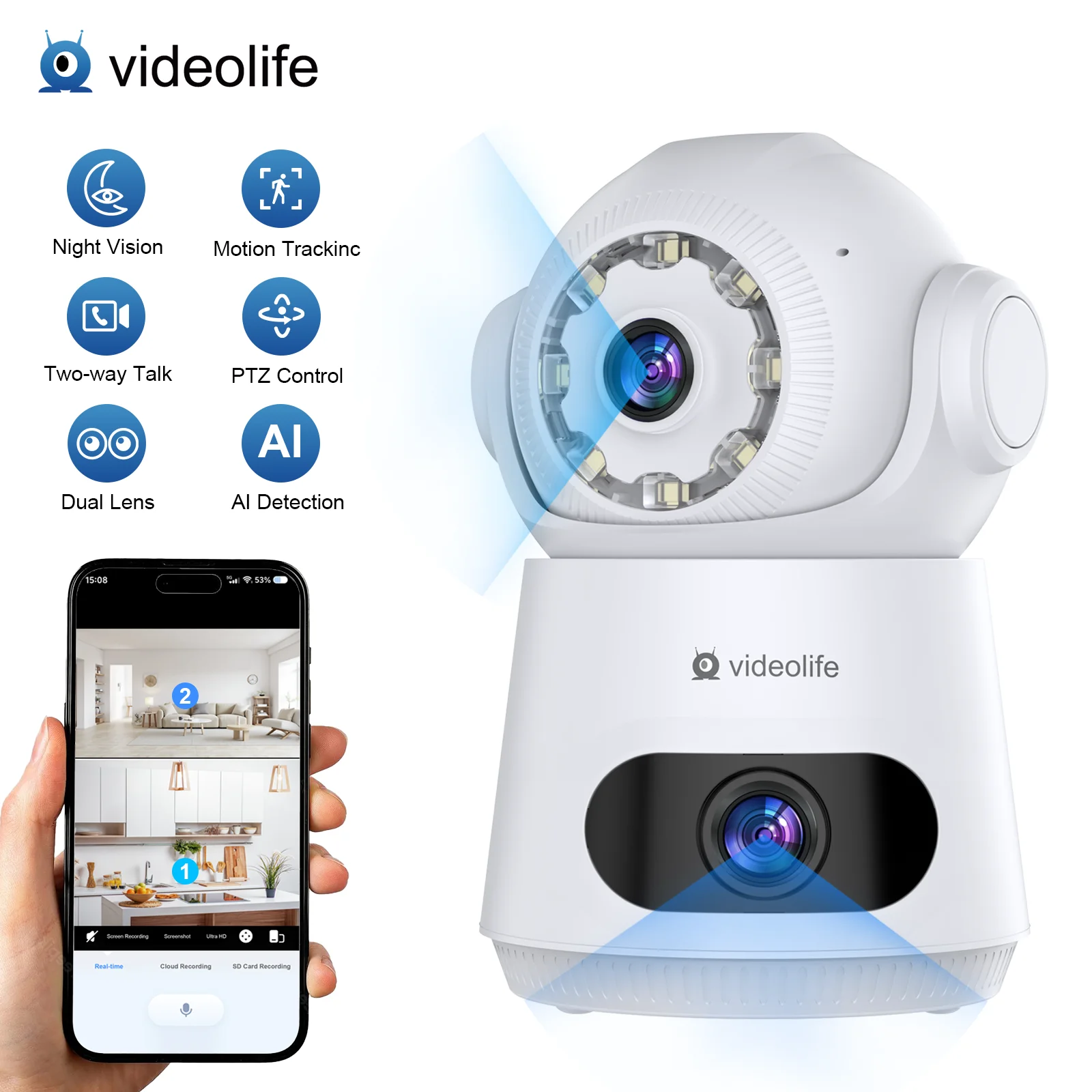 

Камера видеонаблюдения Videolife 4MP для помещений, Wi-Fi, двусторонняя голосовая связь, автоматическое отслеживание движений, полноцветное ночное видение