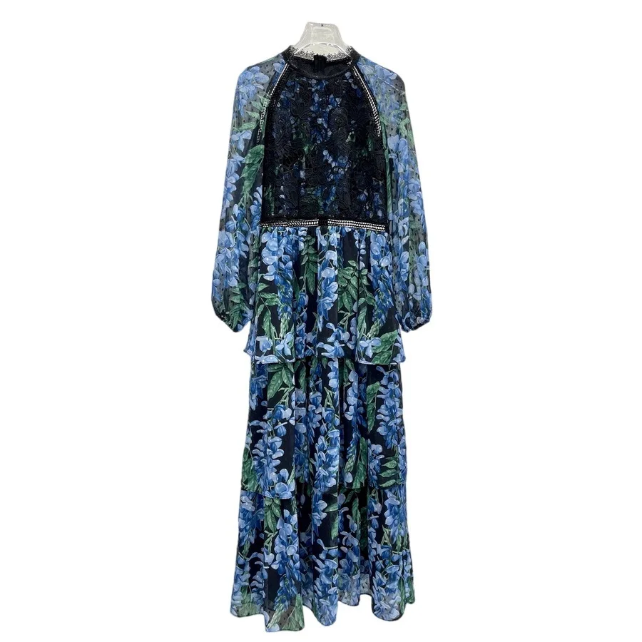 Elegante vestido longo em camadas novo sino azul impresso solúvel em água gancho flor cintura cinching vestido de manga longa 250226 XQ