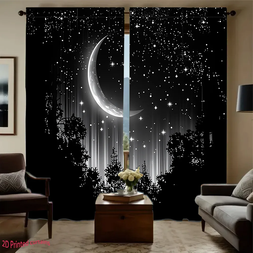 Dreamy Star Moon Blackout Rod Pocket Curtain Crescent Meteor Pine Tree Silhouette Night Sky Print Calming Living Bedroom Window