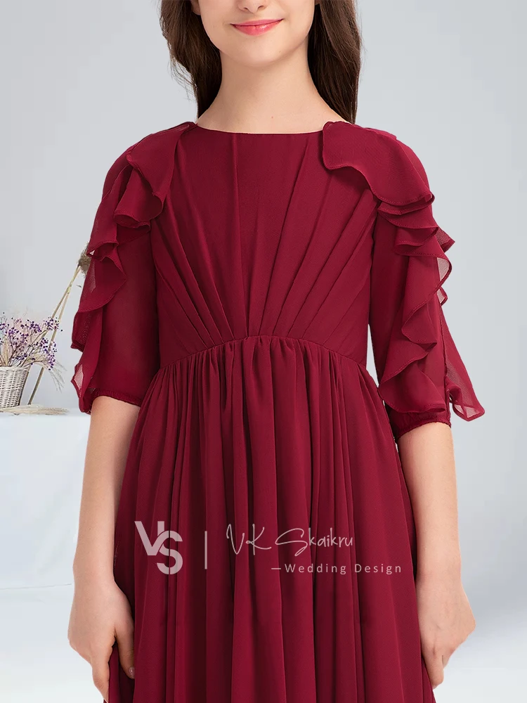 A-line Scoop Floor-Length Chiffon Junior Bridesmaid Dress With Cascading Ruffles Burgundy Flower Girl Dress Party for Wedding