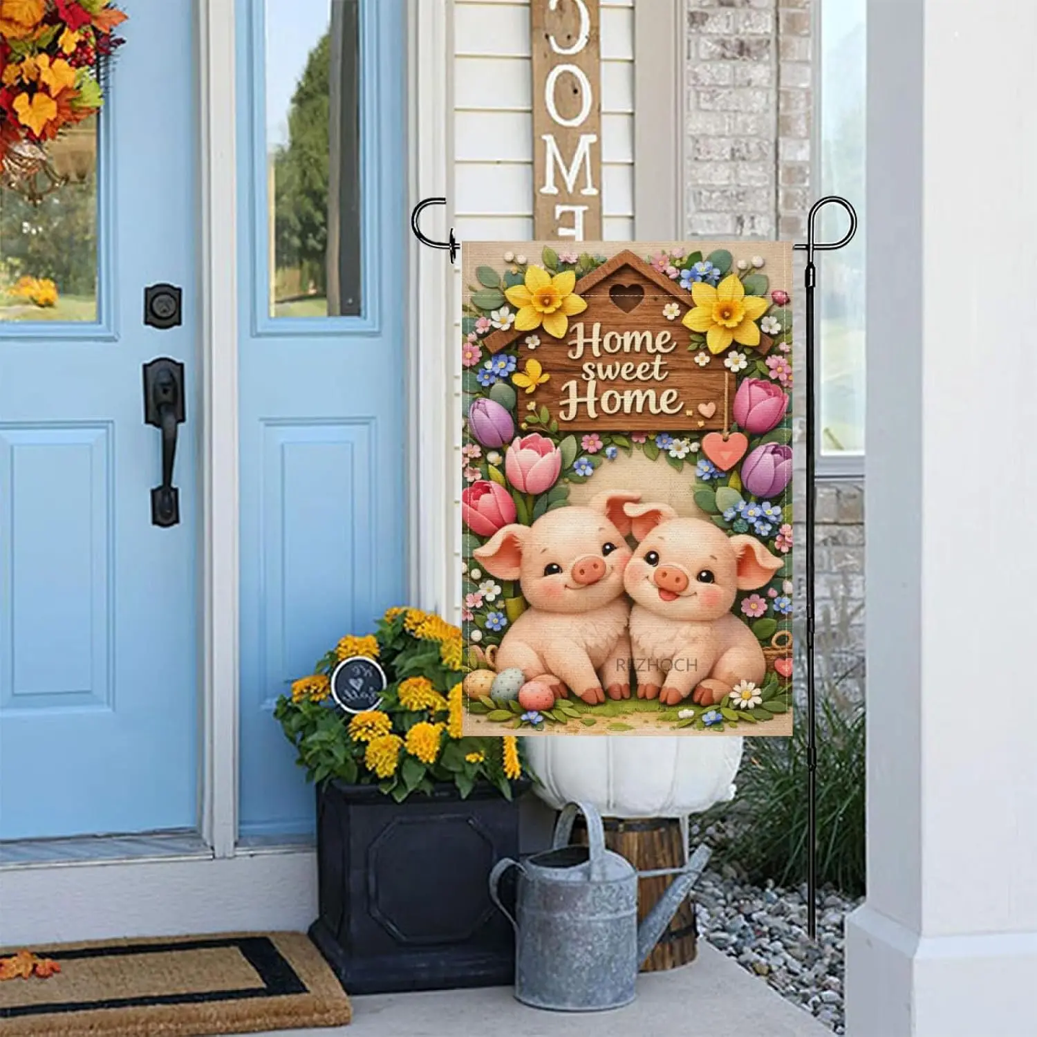 Cute Pig Welcome Garden Flag 12x18Inch,Home Sweet Home Spring Summer Floral Yard Decor,Boho Rustic Wooden Funny Animals Outd AAS