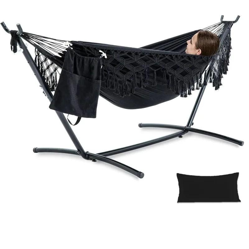 

Handmade Tassel Hammocks Double Hammock with Stand for Outside Camping Yard Max 450 Lbs Capacity Pillow & Storage Bag Included