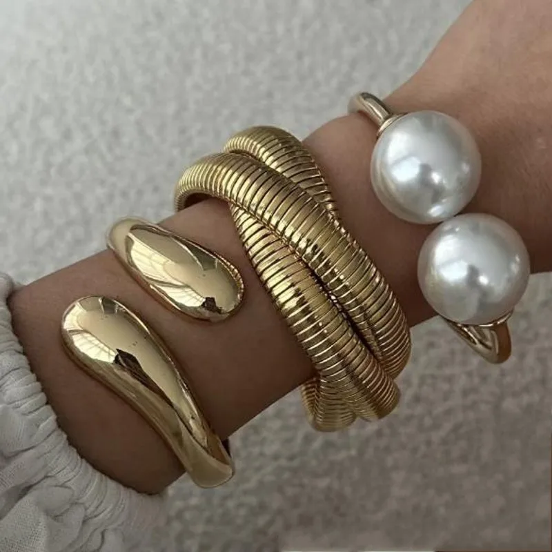 New Vintage Imitation Pearl Geometric Chunky Bangles Gold Color Metal Cuff Open Stacking Bracelet Bangle Streetwear Punk Jewelry
