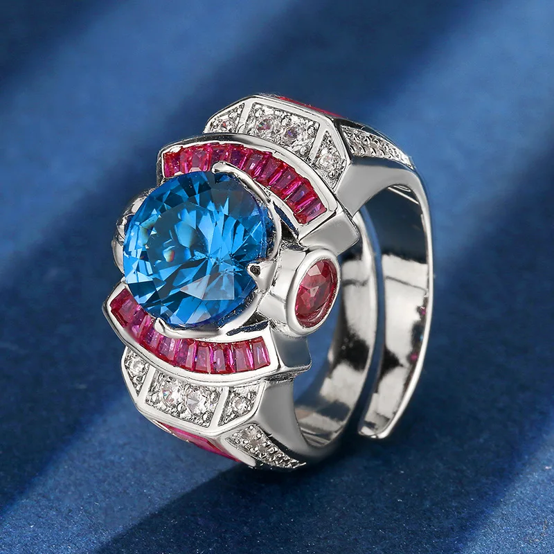Copper plating18KGold Fashion Jewelry Imitation Red Corundum Blue Spinel Round Light Luxury Colorful Gemstone Ring for Women