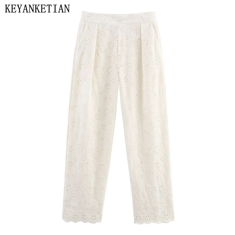 

KEYANKETIAN Summer New Women's Hollow out Embroidery Straight Pants Holiday wind Elastic Waist Pockets Blended Long Trousers