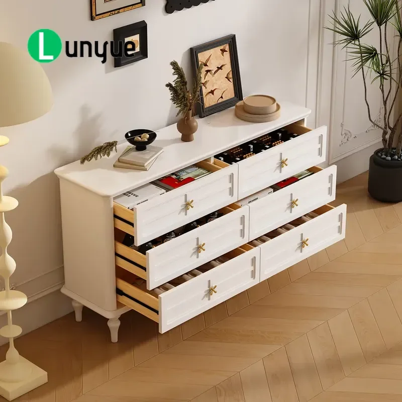 6 Drawer Dresser Beige Storage Cabinet with Striped Trim Gold Handles Rotating Feet Bedroom Furniture Organizer Home Decor