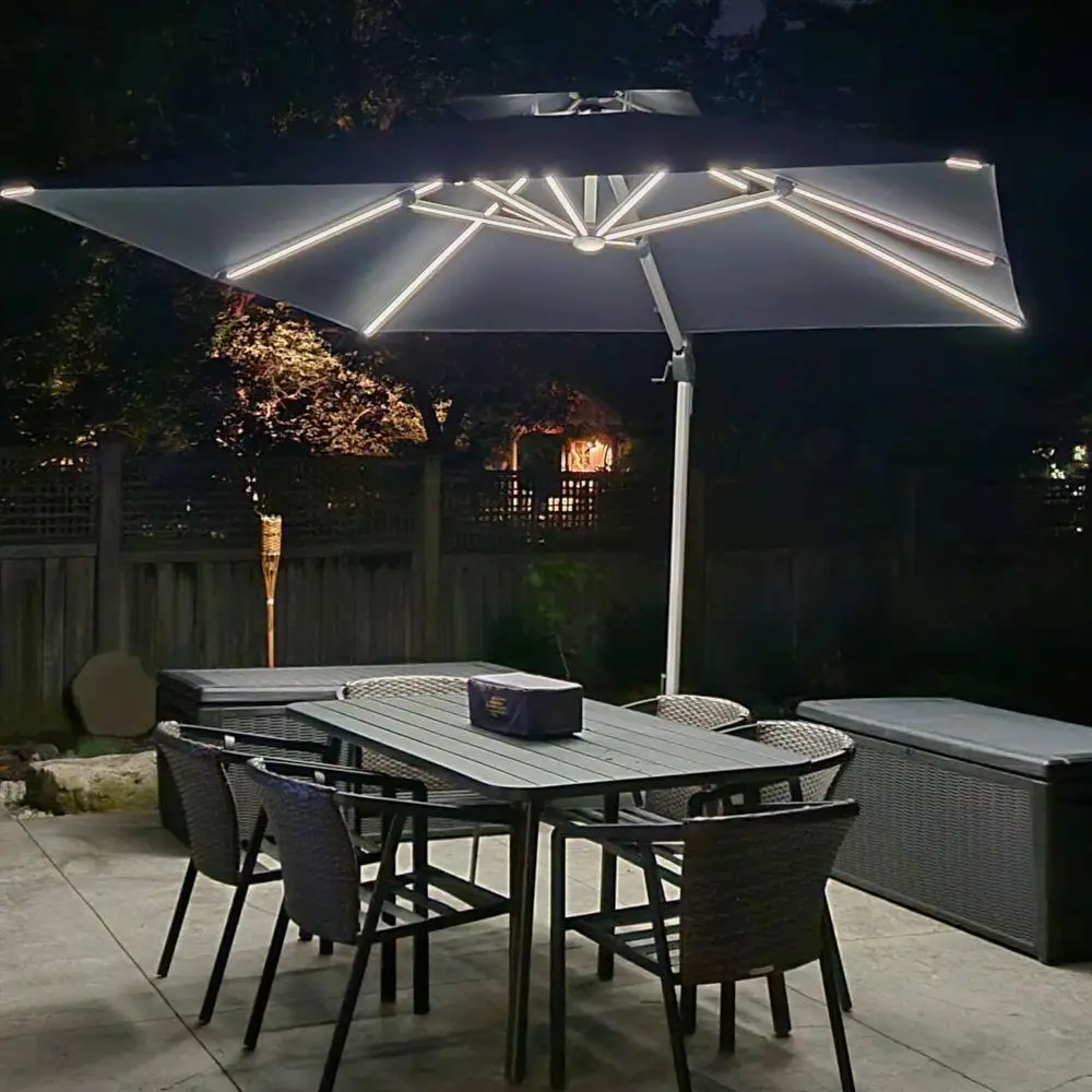 

Серый уличный квадратный зонт с LED-подсветкой и функцией подвешивания для садов и рынков