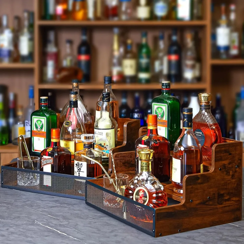 2 Pack 3 Step Countertop Liquor Bottle Display Shelf, Wood Bar Shelves 12 Bottles with Fences, Freestanding Storage Shelves