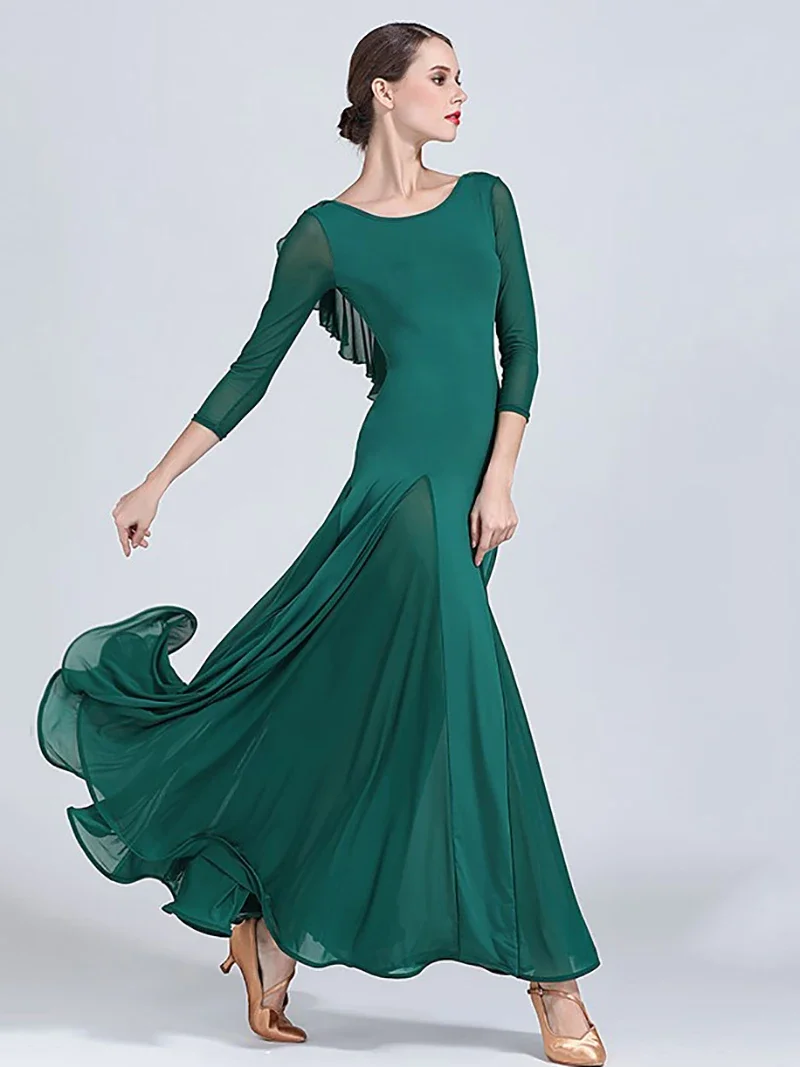 Abito da ballo da sala da ballo per competizione nazionale senza schienale con volant in rete Abiti da sera femminili Abito da ballo per donna adulta