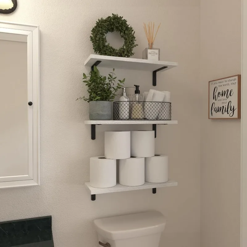 ชั้นวางลอยน้ําชุด 6 ชิ้น,ไม้Rustic Farmhouseชั้นวางสําหรับตกแต่งผนัง,ชั้นวางห้องน้ํา,ชั้นวางหนังสือสําหรับห้องนั่งเล่น-สีขาว