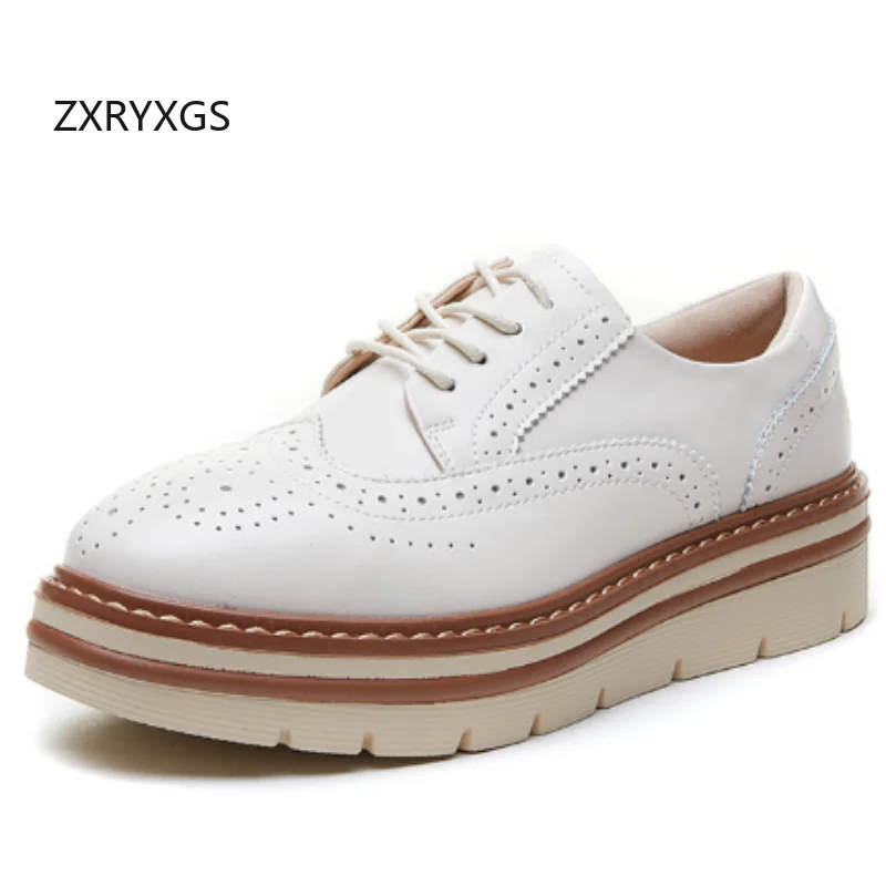 

ZXRYXGS/2025 новые весенне-осенние туфли из натуральной кожи в британском стиле, женские повседневные туфли на танкетке с толстой подошвой на среднем каблуке