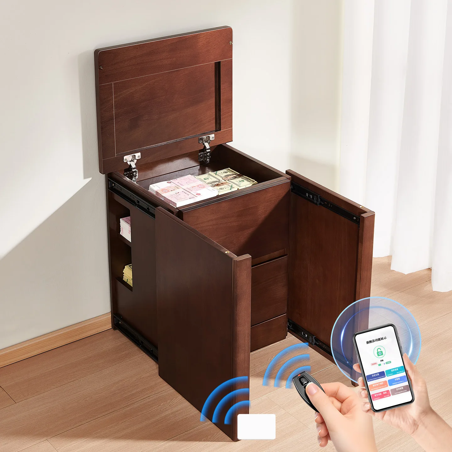 Solid wood nightstand, multifunctional hidden anti-theft safe, locked, storage mezzanine