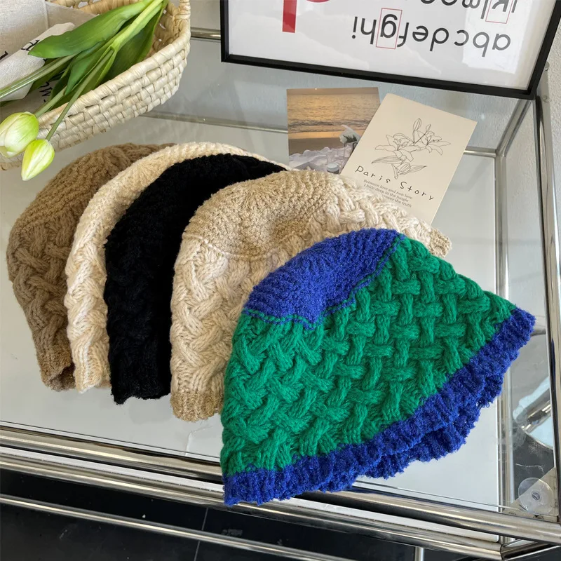 

Японская вязаная шерстяная шляпа-панама для женщин, осенне-зимняя, ручной работы, универсальная, зеленая, визуально уменьшающая лицо
