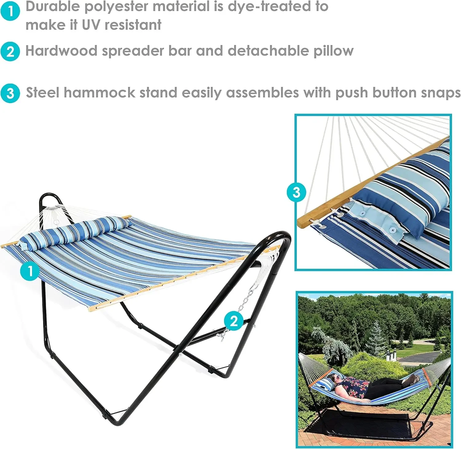 

Double Quilted Fabric Hammock with Universal Steel Stand - 450-Pound Capacity - Black Stand - Misty Beach