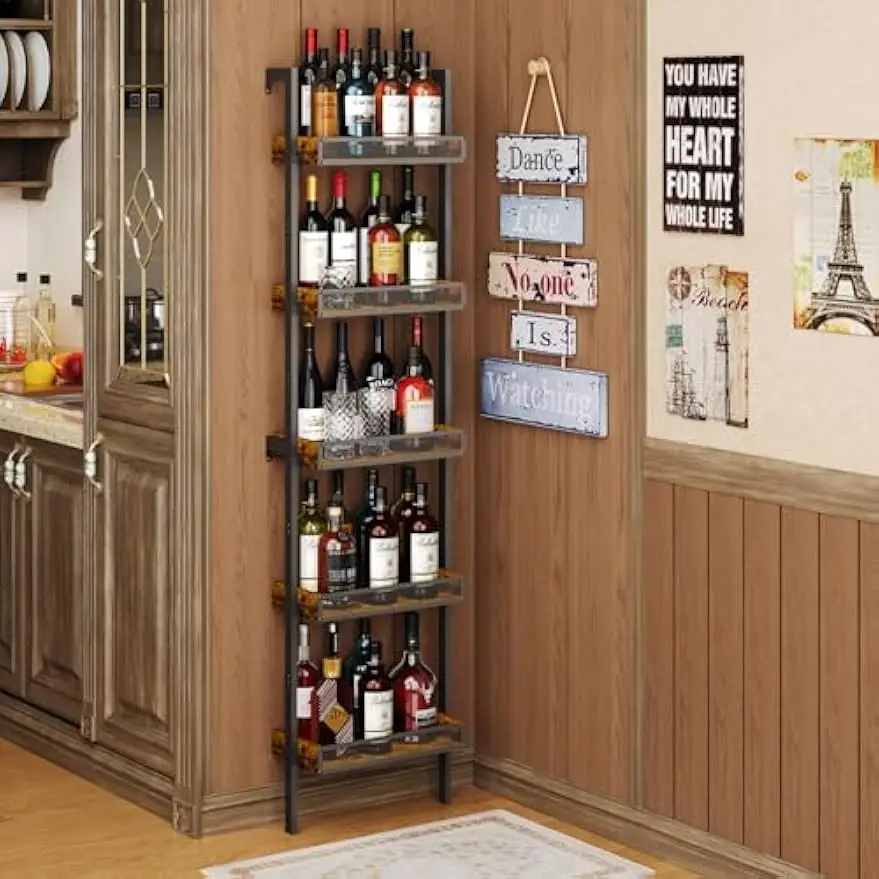 

5-Tier Freestanding Wine Rack for 50 Bottles, Wall Mounted with Fences, Wooden Display Shelf for Kitchen Bar