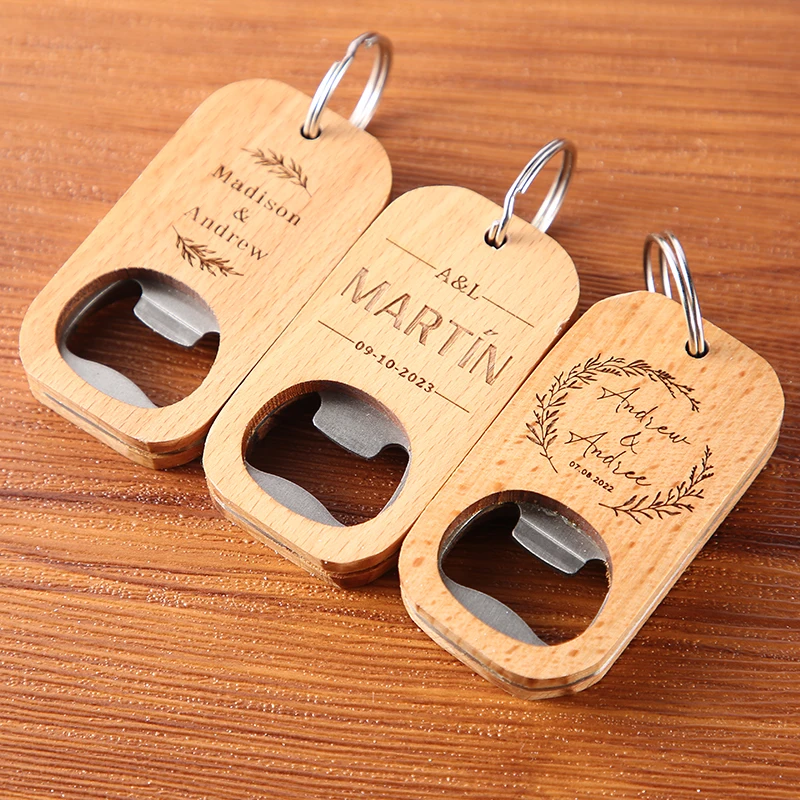 Custom Engraved wedding names Wood Opener KeyChain gift  Bottle Opener Friend Fathers Day Birthday Gift Best Man Present