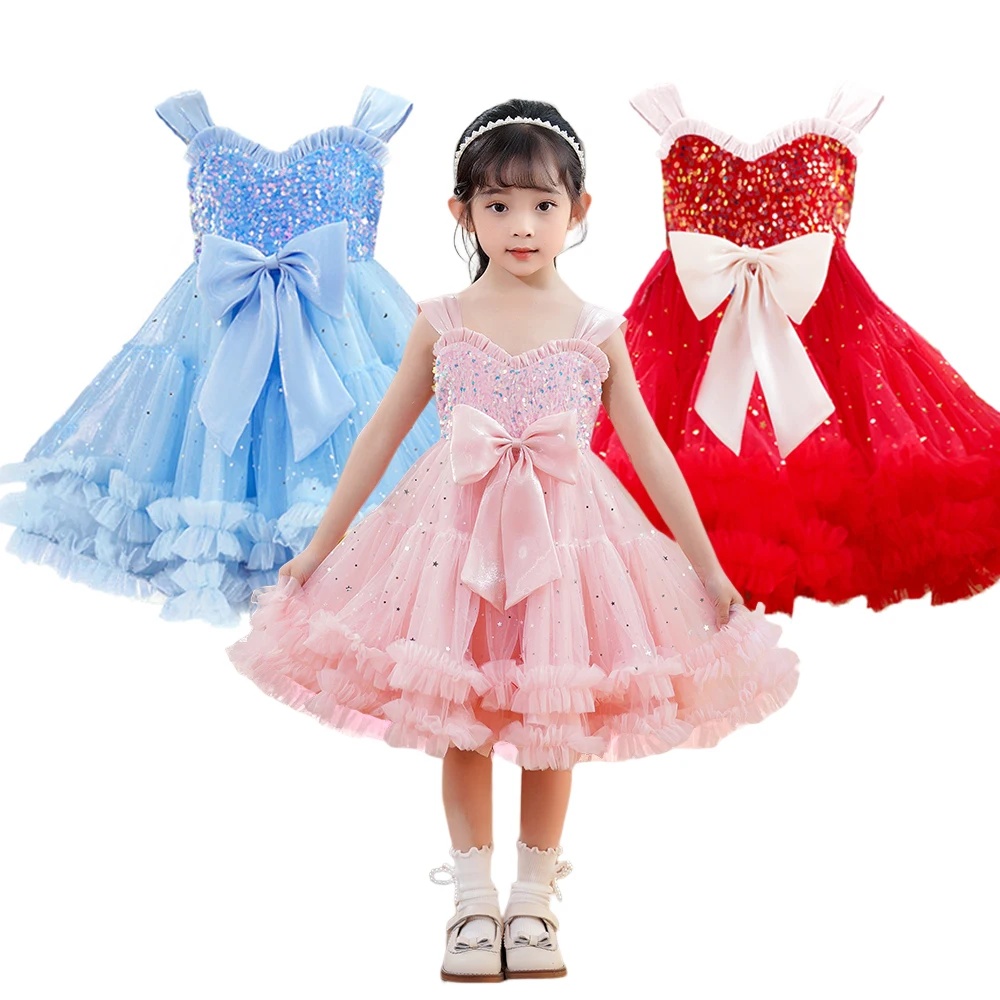 Summer Red Blue Kids Junior Princess Flower Girls Asymmetrical Dress Birthday Wedding Party Stars Tulle Lace Gown