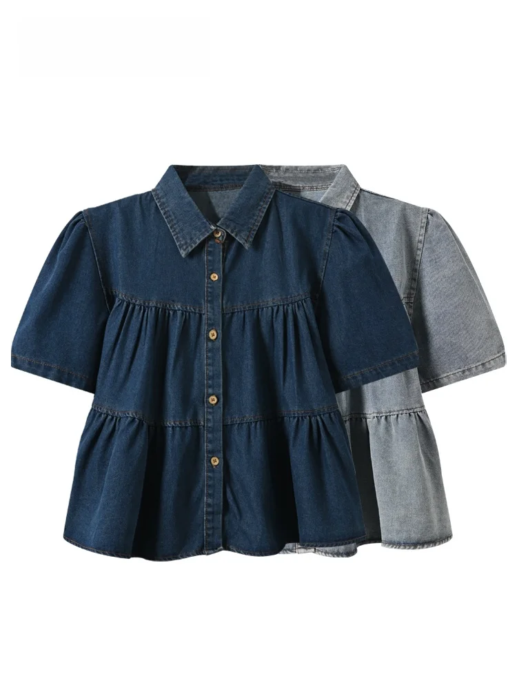 

plus Size Denim Shirt Women's Short Sleeve Shoulder Width Regular Summer Vintage Style Casual Inner Wear Unique Beautiful