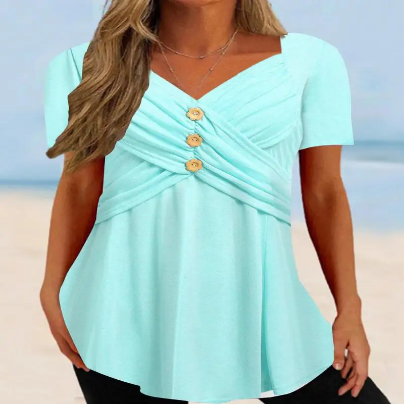 

Plus Size Women's Buttons Short Sleeve V-neck Top