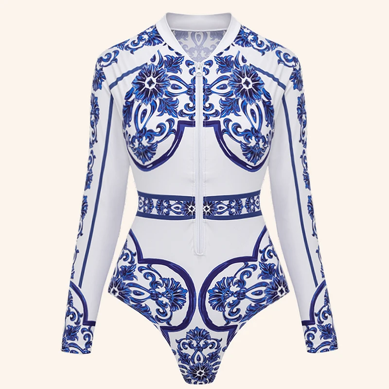 ใหม่ท่องกีฬาชุดว่ายน้ําแขนยาวผู้หญิง One Piece ชุดว่ายน้ําชุดว่ายน้ํา Monokini ชุดว่ายน้ํา Tropical บอดี้สูทหญิง