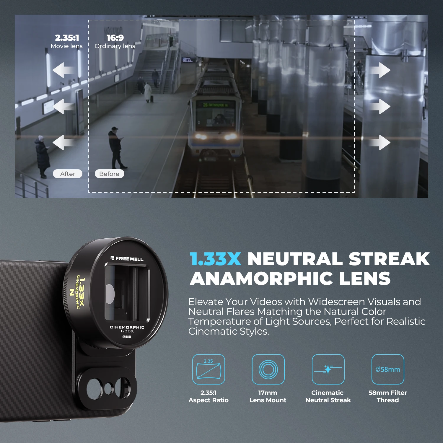 Freewell Neutral Streak 1.33x Anamorphic Lens Compatible 17mm Mount Phone Case – Perfect for Night Cityscapes Video Filmmaking