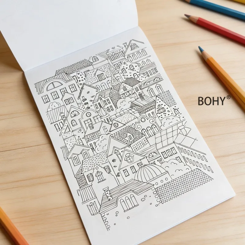 A Stress Relieving Graffiti Book for Adults, Include Line Themes Such As Plant/ European Town Architecture/retro Wave Sailboats