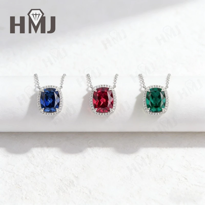 

Lab Grown Columbia Emerald Ruby Sapphire Cushion Cut Necklace White Gold Fine Jewelry Gift for Her Anniversary