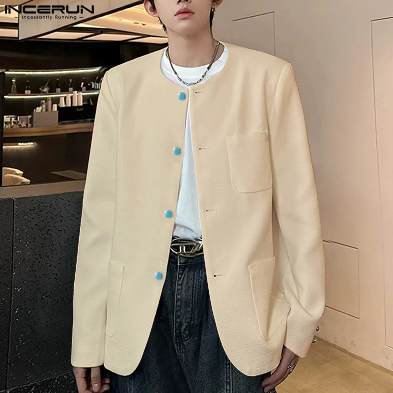 

Fashion Well Fitting Tops INCERUN Men's Button Contrast Color Design Solid Suit Coat Casual All-match Long Sleeved Blazers 2025