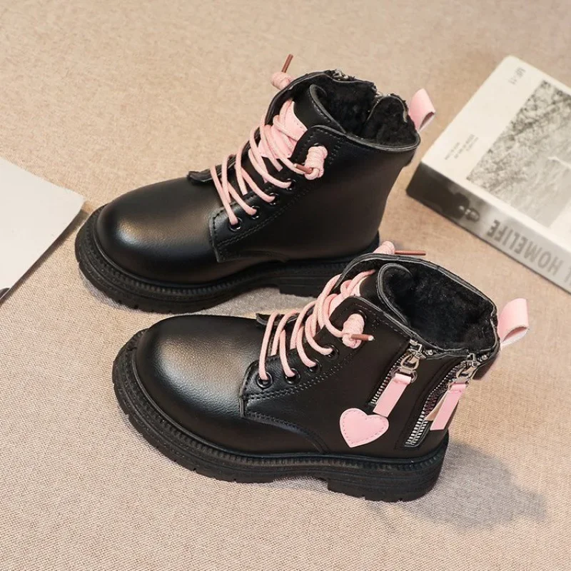 Kids Fashion Boots Girls Mid-Top Non-Slip PU Leather Boots Child Heart Side Zipper Shoes Youth Princess Casual Versatile Shoes
