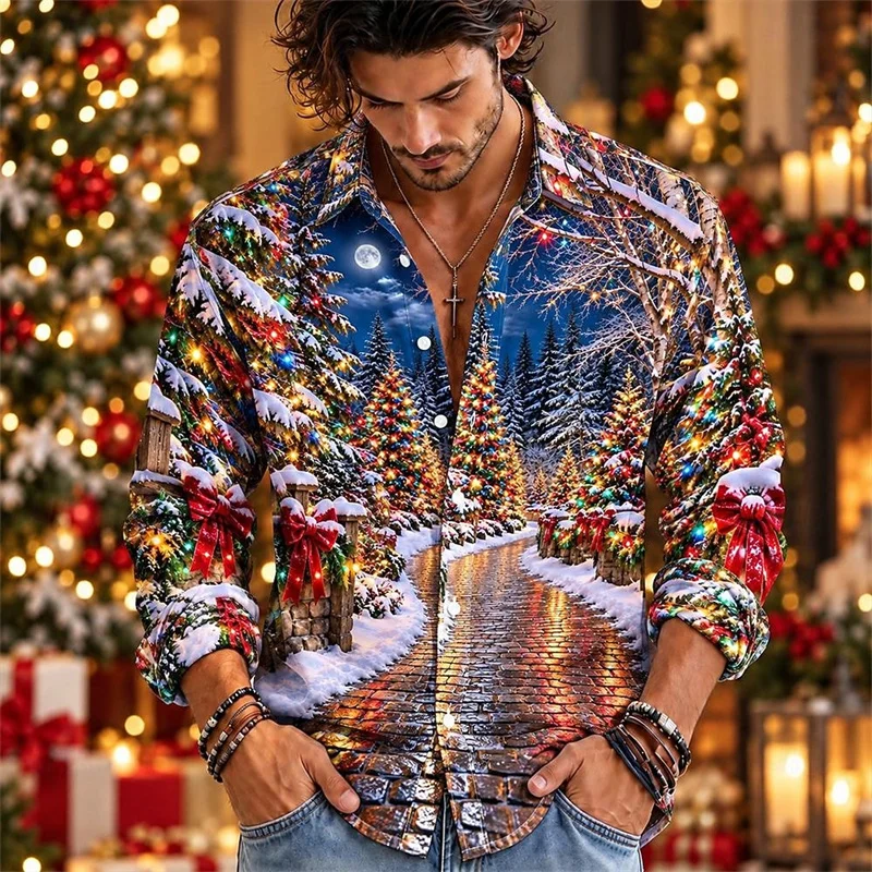 2026 New Men’s Autumn/Winter Christmas-Themed Long-Sleeve Collared Casual Shirt – Perfect for Holidays and Everyday Wear