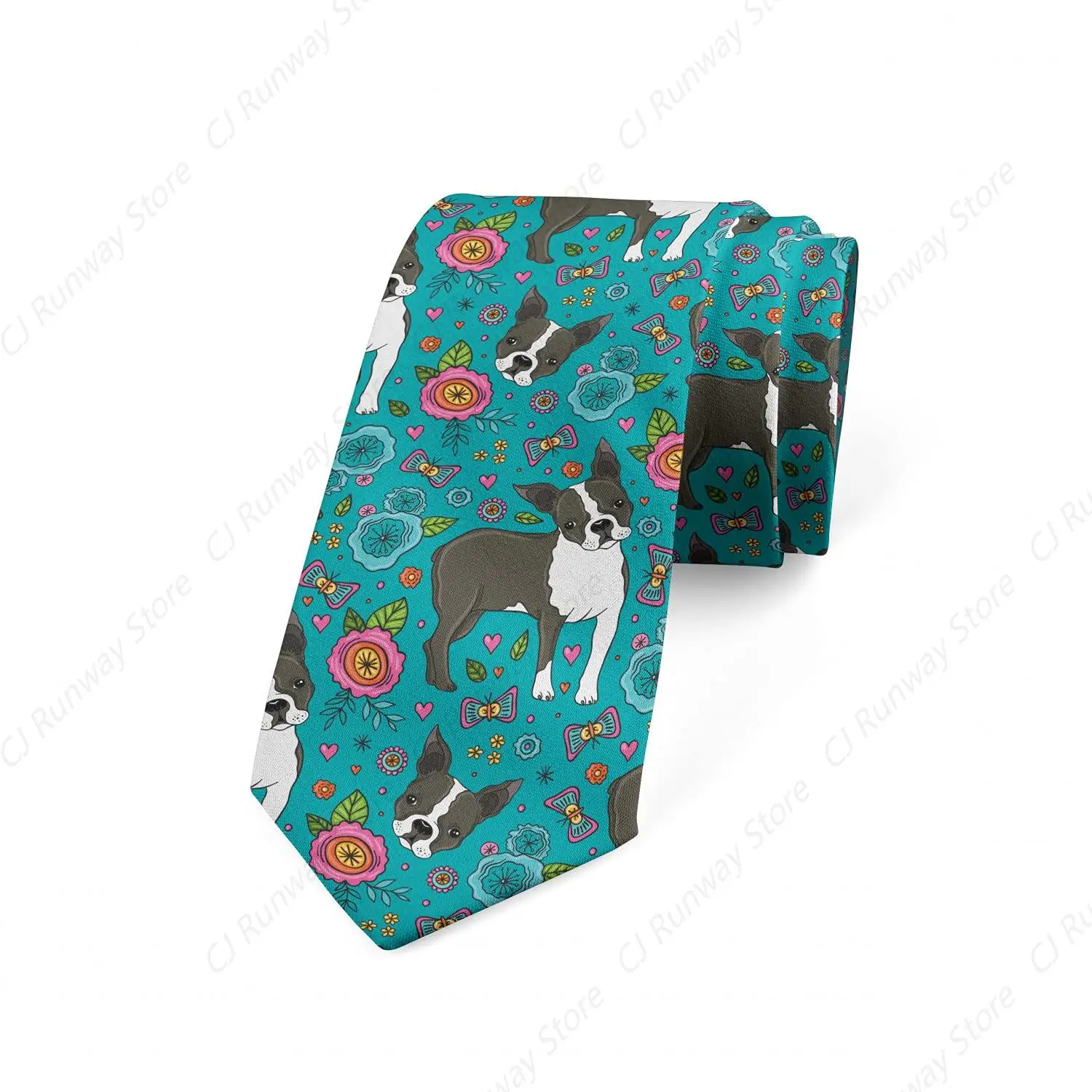 Necktie, Woodland Boston Terrier Floral, 3.7