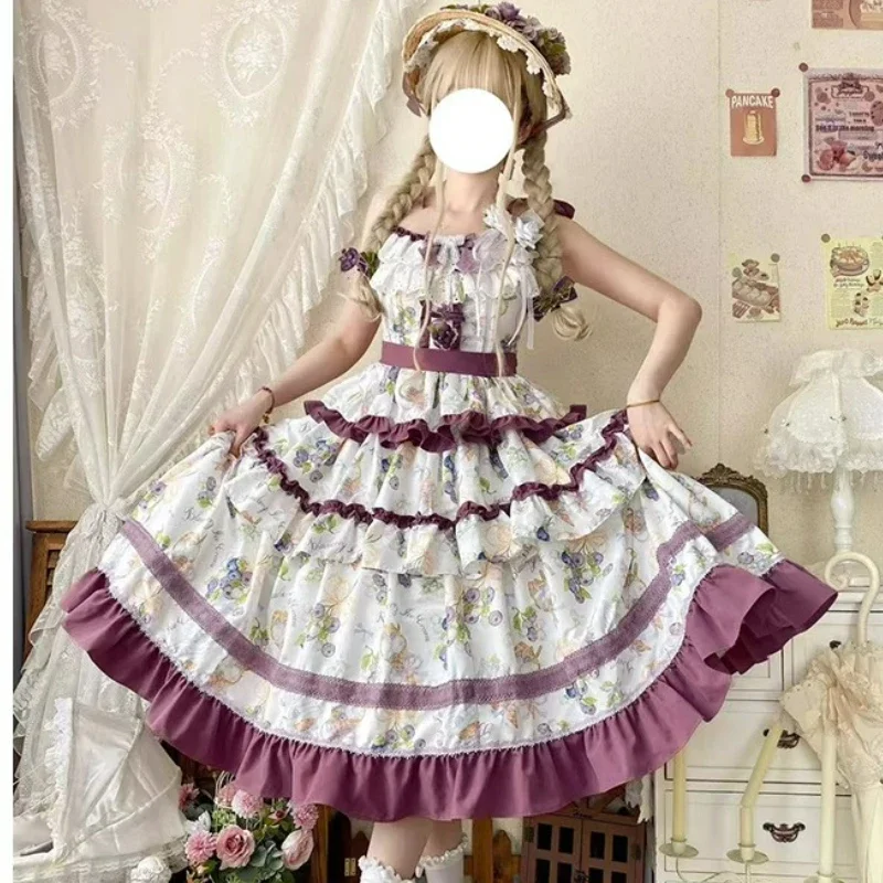 

2025 Sweet Elegant Lolita Jsk Dress Women Kawaii Cute Grape Print Ruffles Bow Princess Dresses Vintage Evening Party Dress