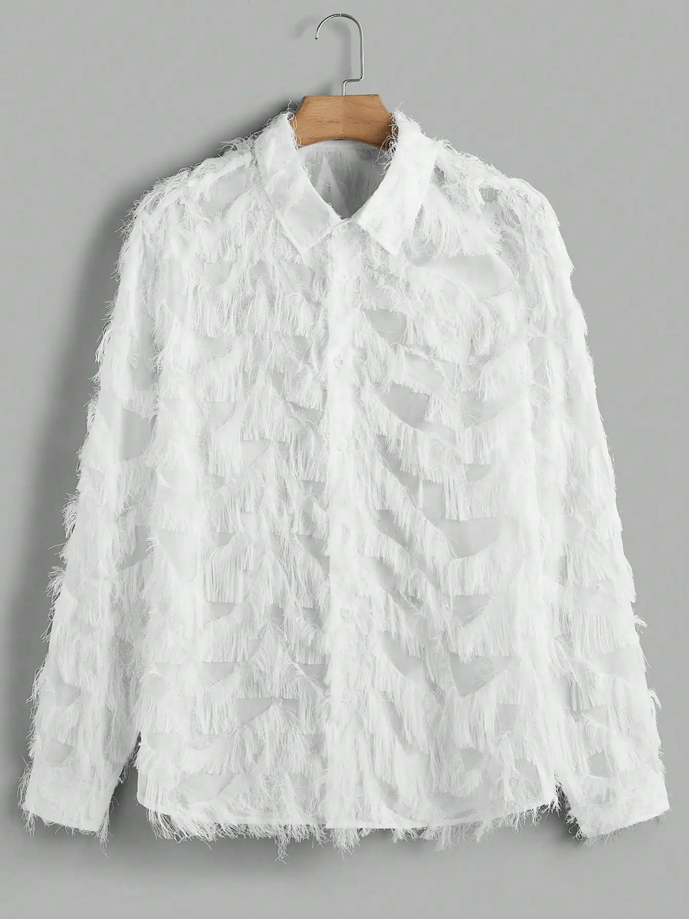 

White Fringe Overlay Long Sleeve Casual Shirt for Men, Autumn Style