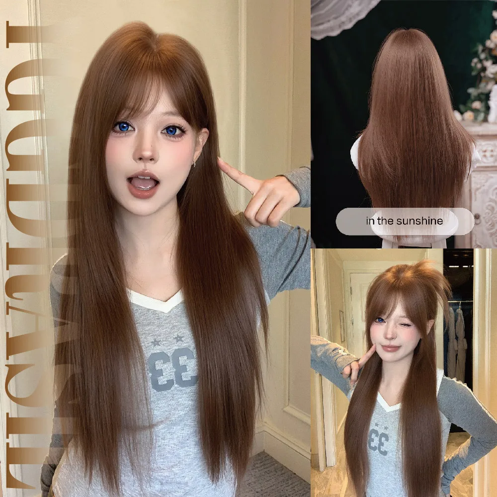 

28Inch Warm Honey Brown Kawaii Style Fashion Synthetic Wigs with Bangs Long Straight Hair Wig For Women Daily Use Heat Resistant