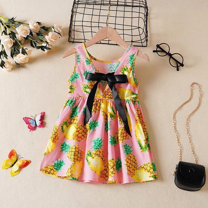 Summer Kids Girls' Dress Children Baby Girls Sleeveless Pineapple Printed Sleeveless Dress Casual Clothes Vestidos 9M-6Years