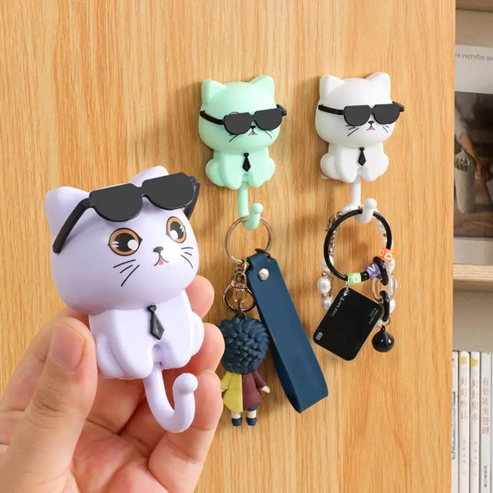 1 Pc Funny Sunglasses Cat Hooks Plastic Wall Hanging Sticky Hooks Waterproof Key Hangers Bathroom Entrance Storage Hooks